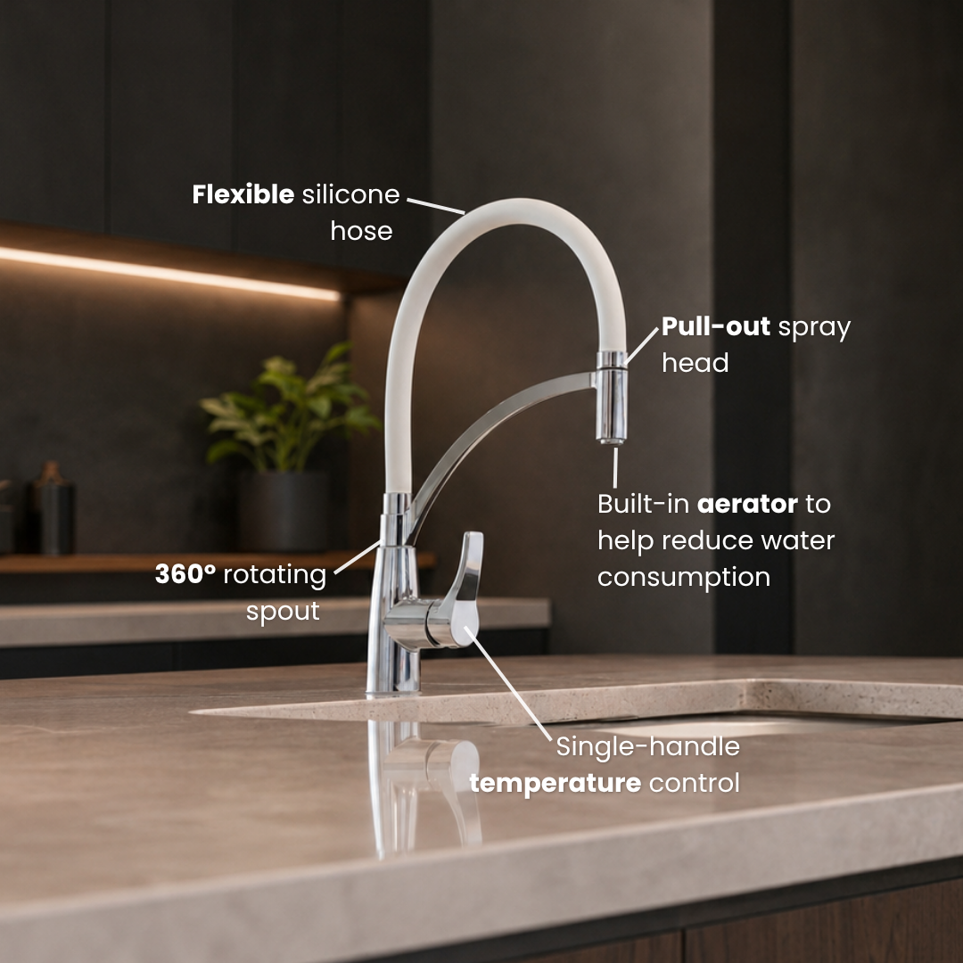 White Pull-Out Kitchen Faucet with Flexible Silicone Hose