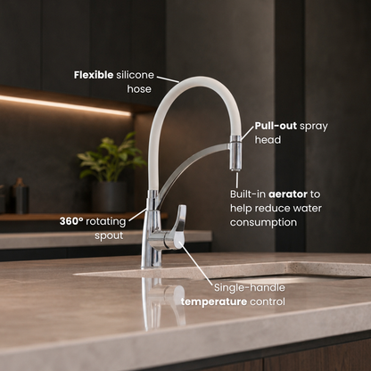 White Pull-Out Kitchen Faucet with Flexible Silicone Hose