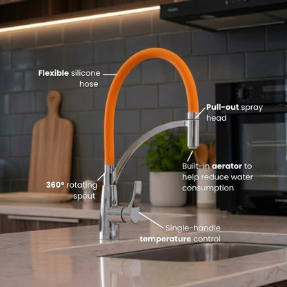 Orange Pull-Out Kitchen Faucet with Flexible Silicone Hose | Aquahaus