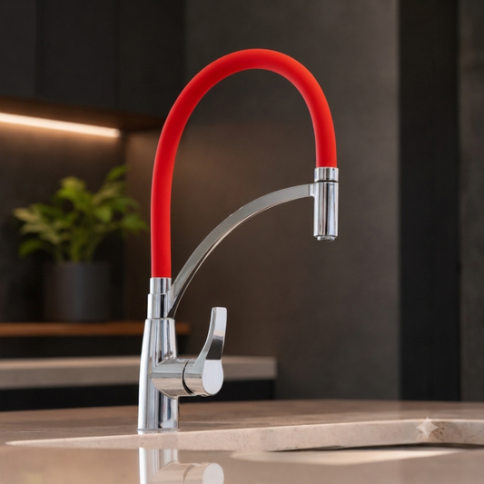 Red Pull-Out Kitchen Faucet with Flexible Silicone Hose