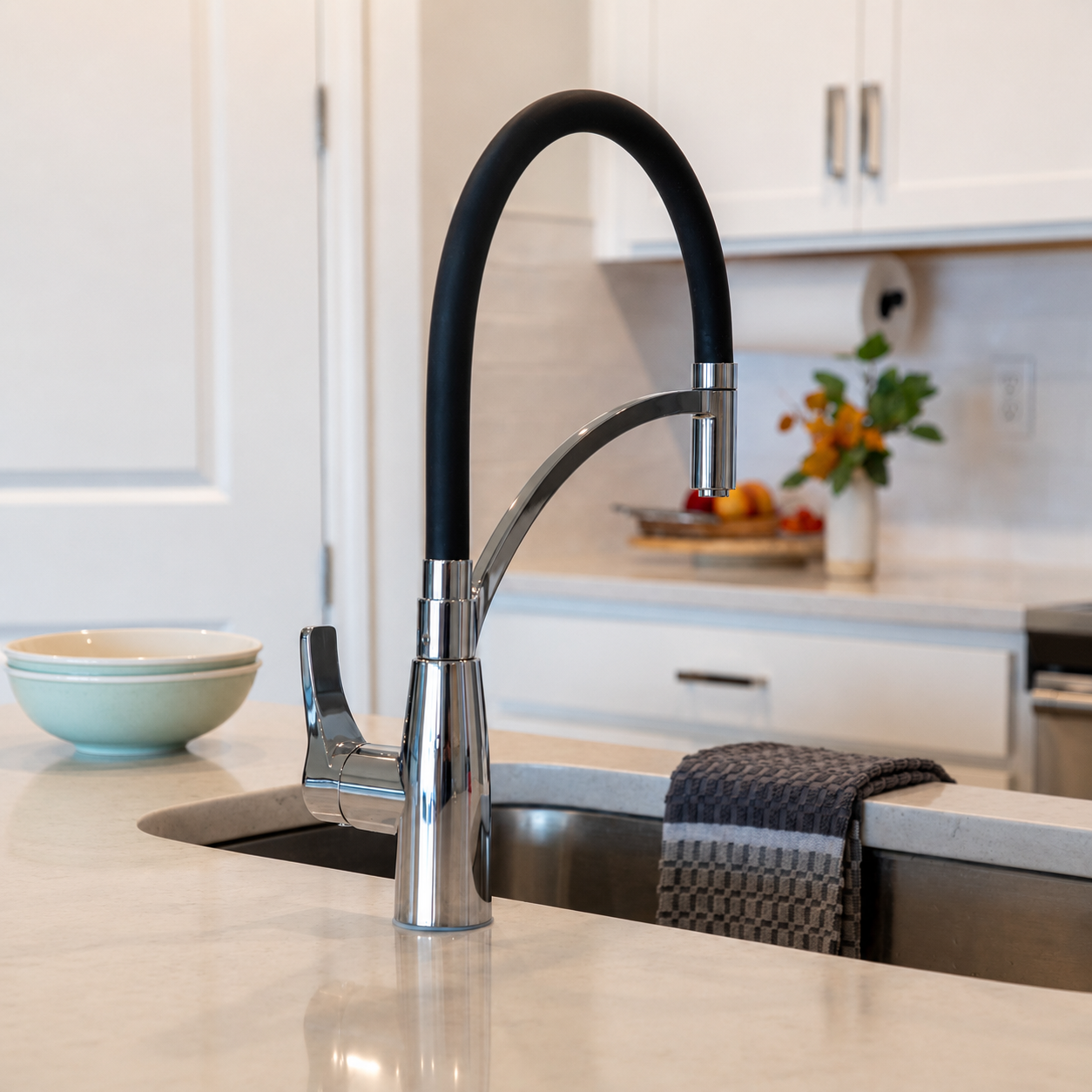 White Pull-Out Kitchen Faucet with Flexible Silicone Hose
